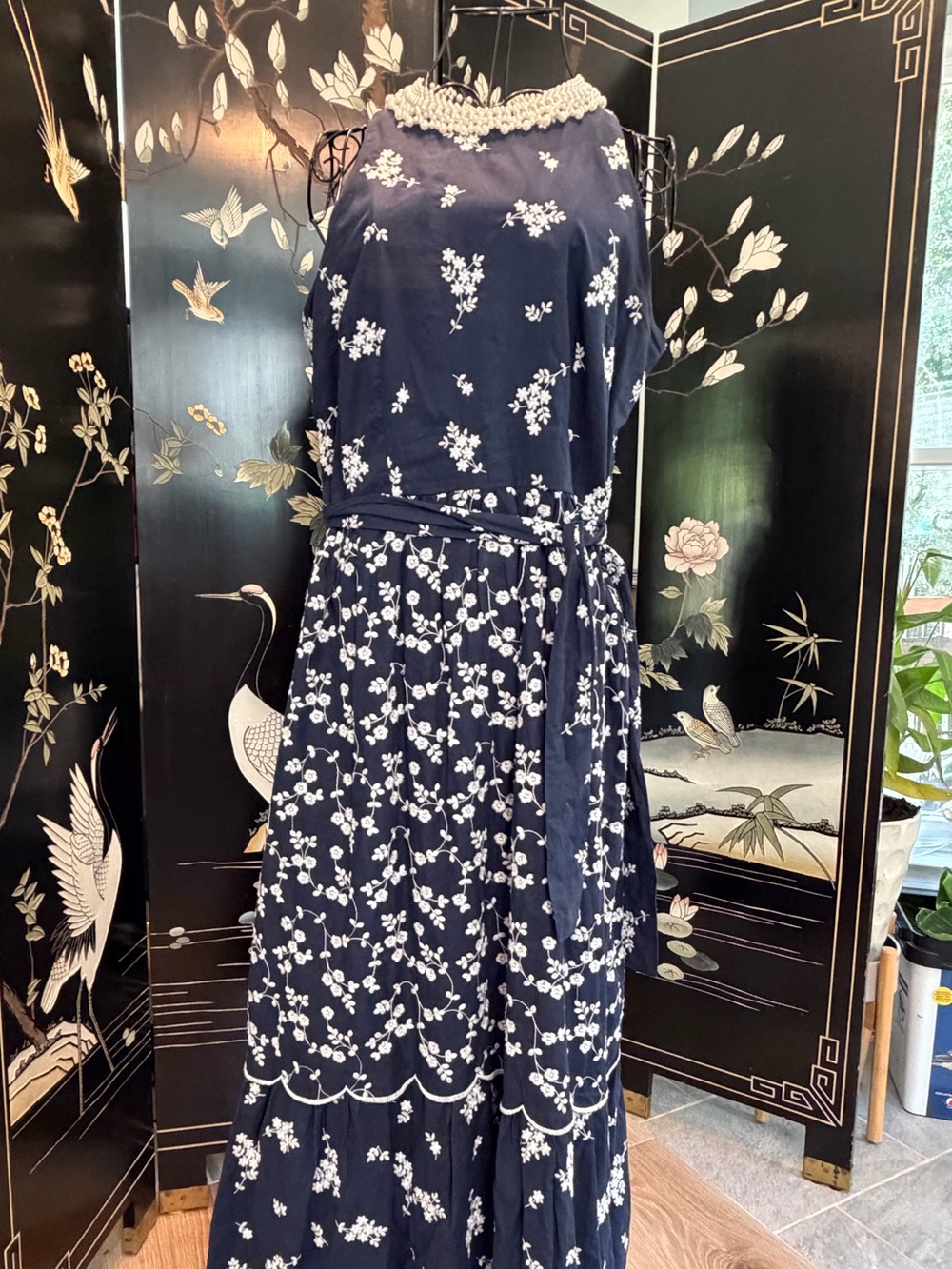 Ann Taylor Floral Embroidered Maxi Dress Navy Blue Size 8